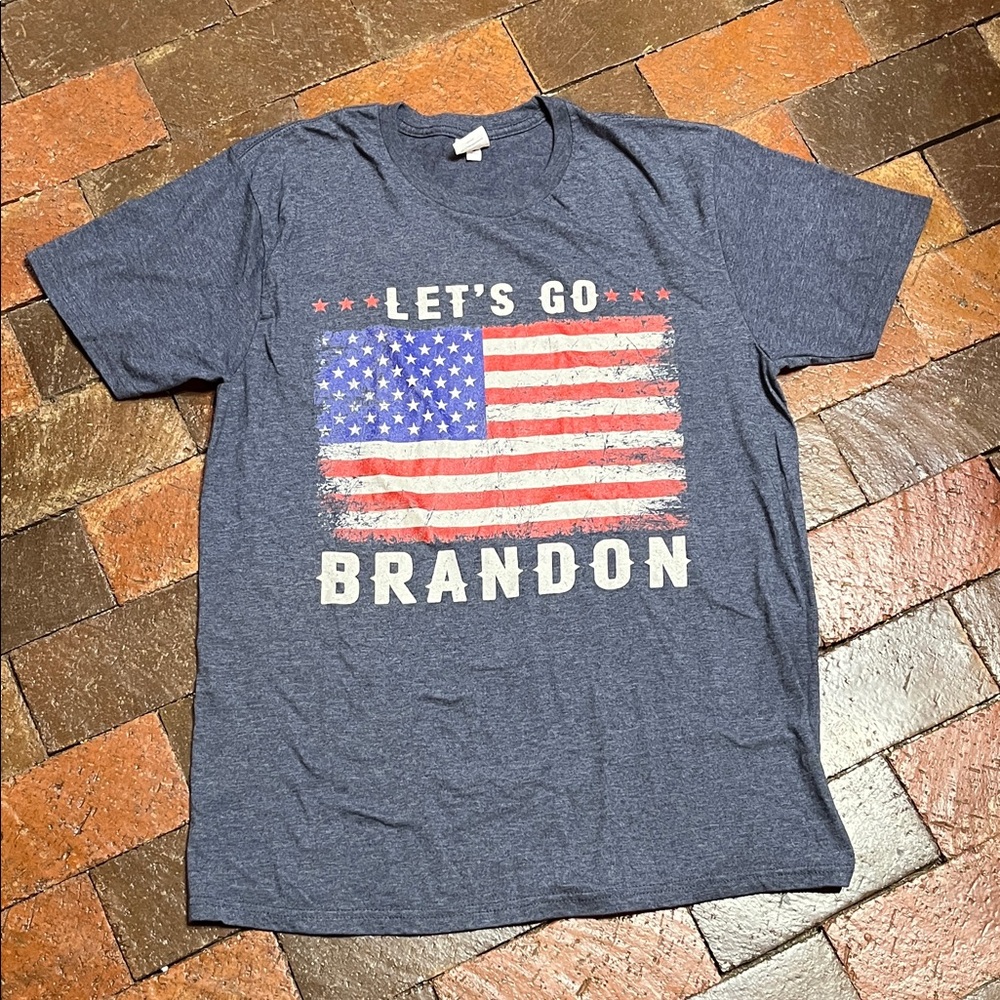 Med size Political joke “Let’s Go Brandon” Blue T-Shirt with American Flag 2397